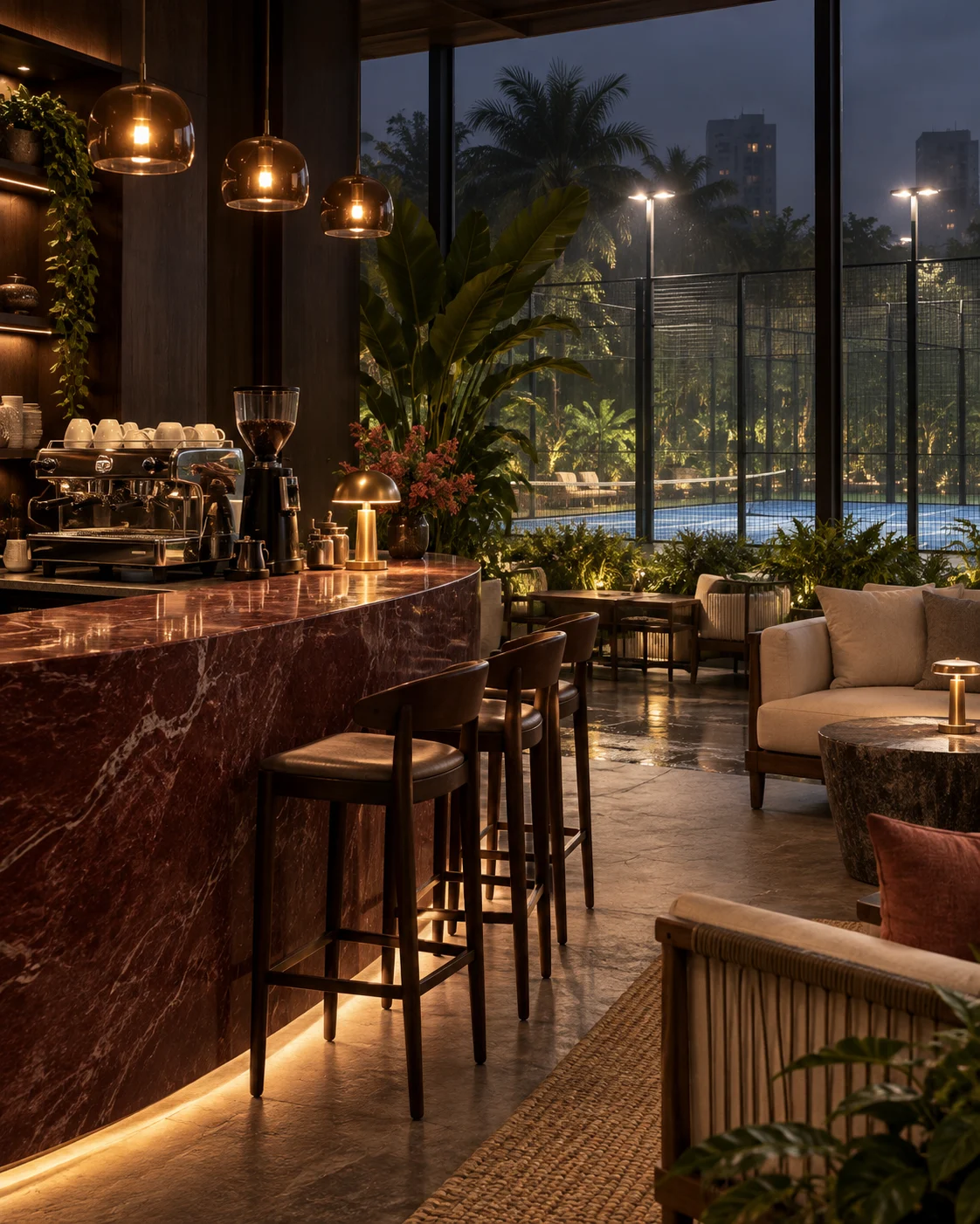 The Padel District café and court-view lounge at dusk